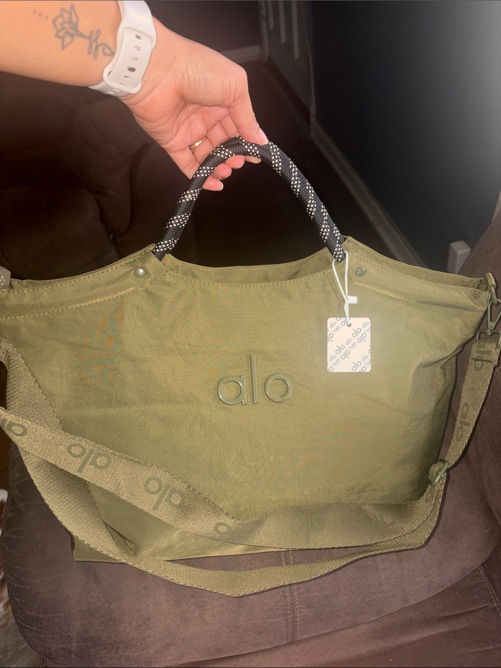 ALO Yoga Olive Green Canvas Tote with Rope Top Handle